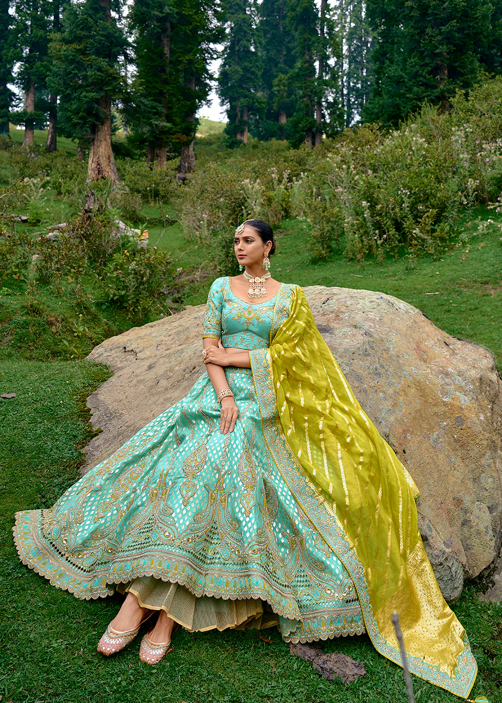 Fancy Silk Turquoise Heavy Embroidered Designer Lehenga Choli - Image 3