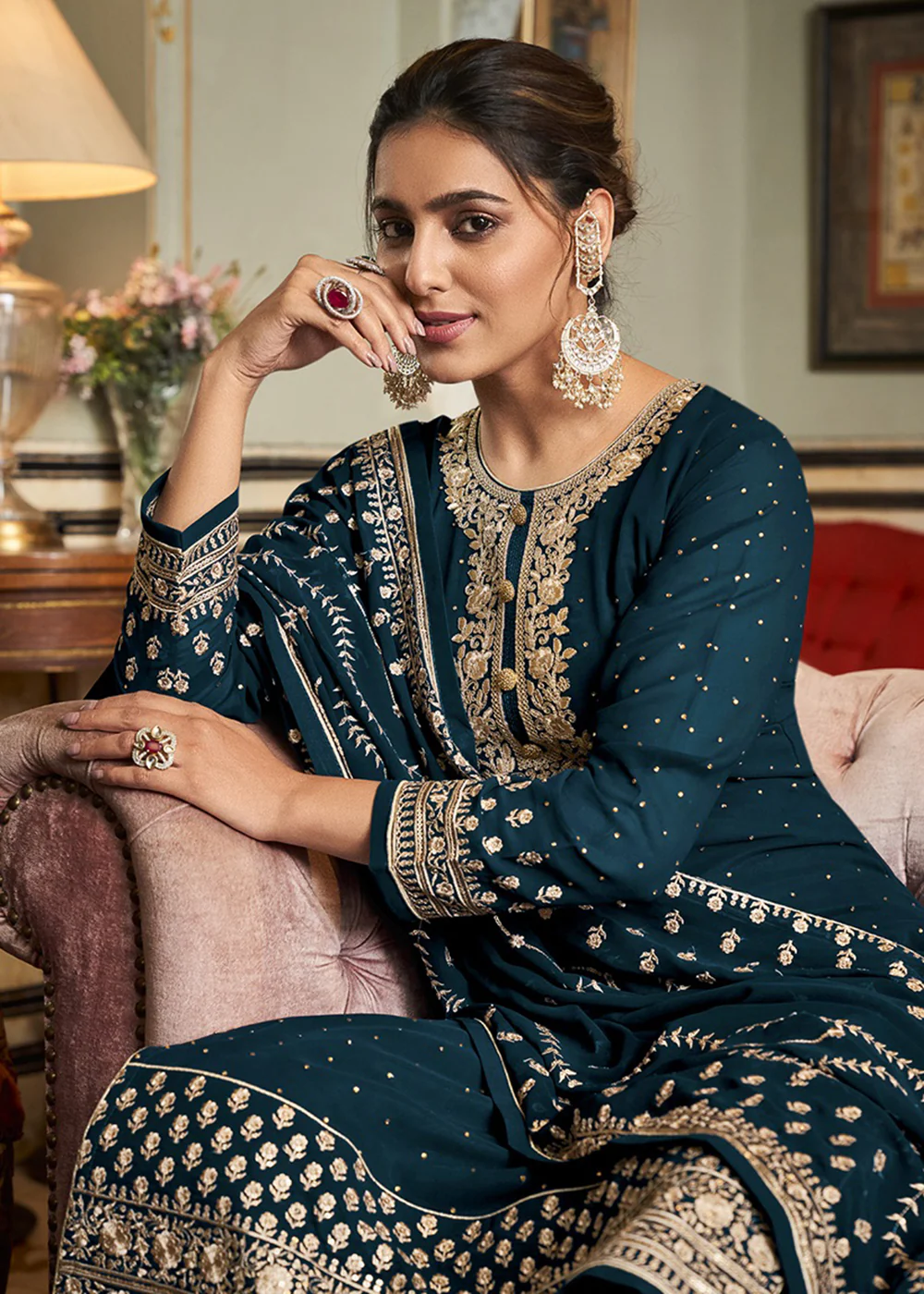 Fancy Teal Blue Diamond Swarovski Work Palazzo Salwar Suit - Image 2
