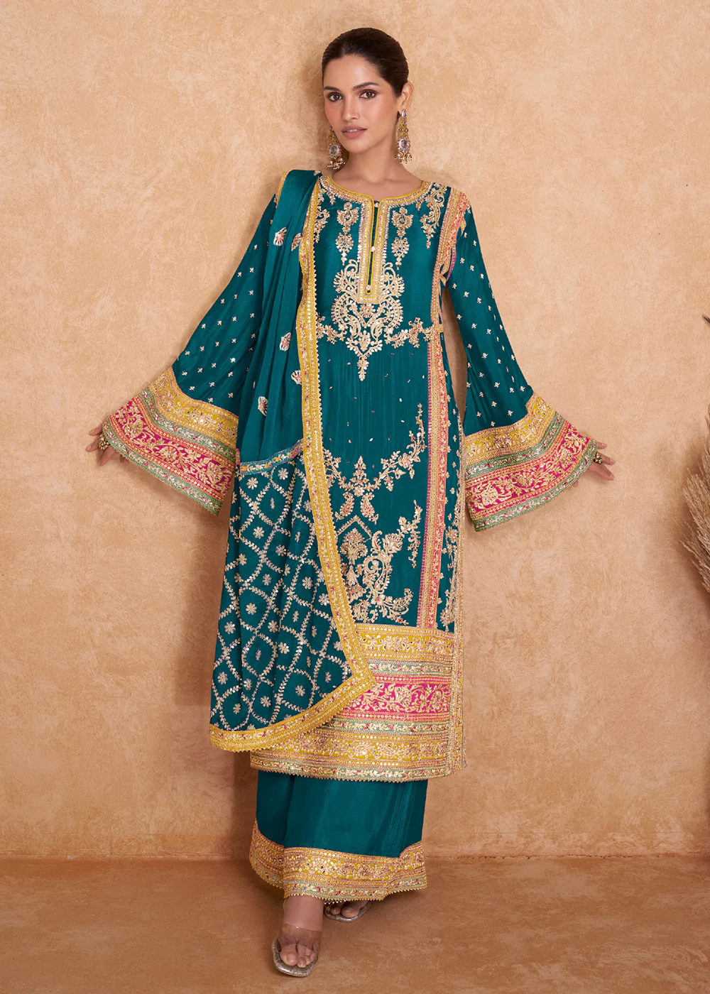 Fancy Teal Green Chinnon Embroidered Designer Palazzo Suit