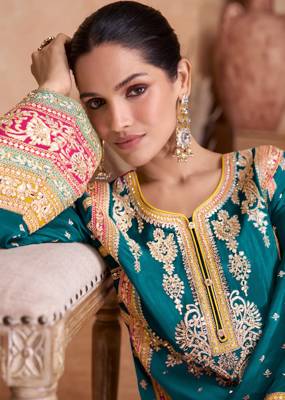 Fancy Teal Green Chinnon Embroidered Designer Palazzo Suit - Image 2