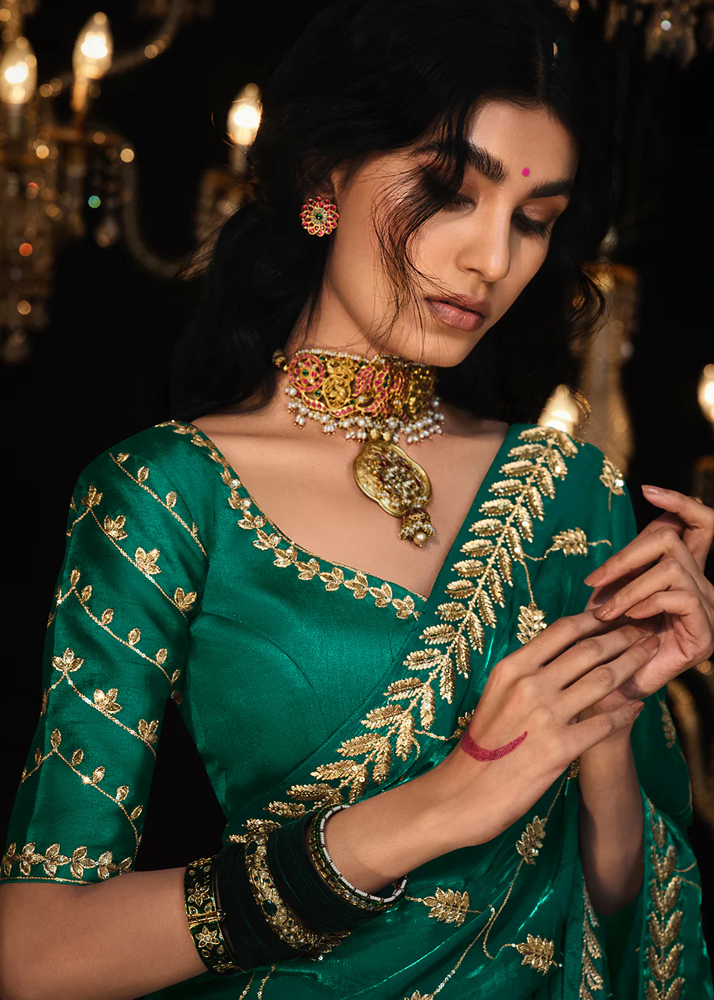 Fancy Teal Green Embroidered Designer Wedding Wear Saree - Image 2