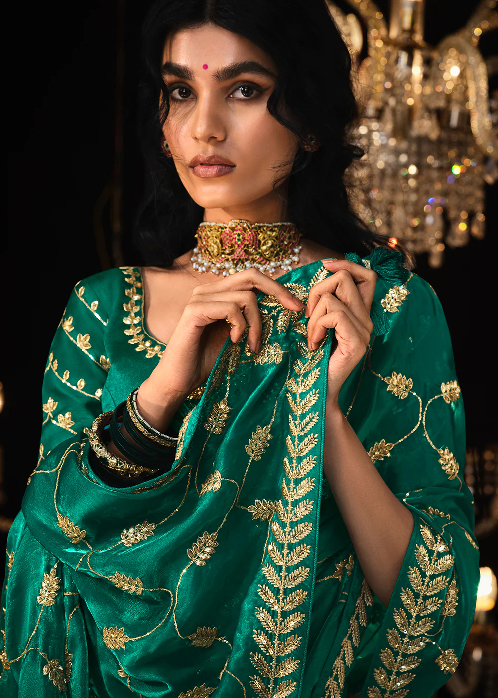 Fancy Teal Green Embroidered Designer Wedding Wear Saree - Image 4