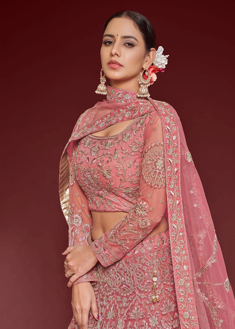 Fantacy Pink Embroidered Soft Net Wedding Lehenga Choli - Image 2