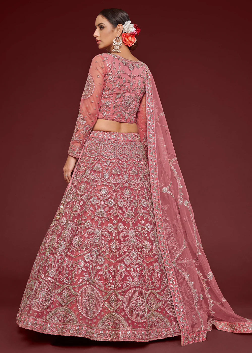 Fantacy Pink Embroidered Soft Net Wedding Lehenga Choli - Image 3