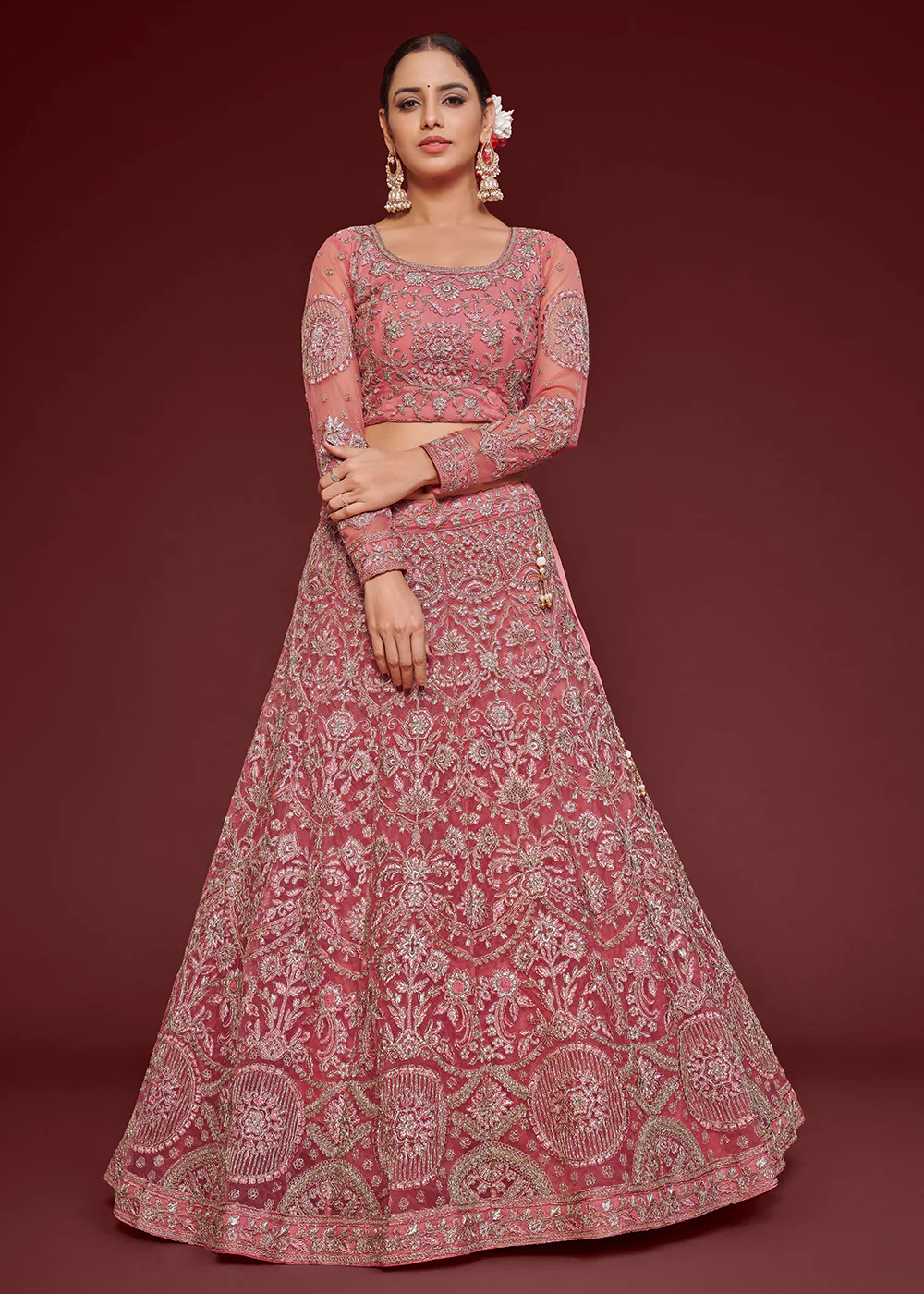 Fantacy Pink Embroidered Soft Net Wedding Lehenga Choli - Image 4