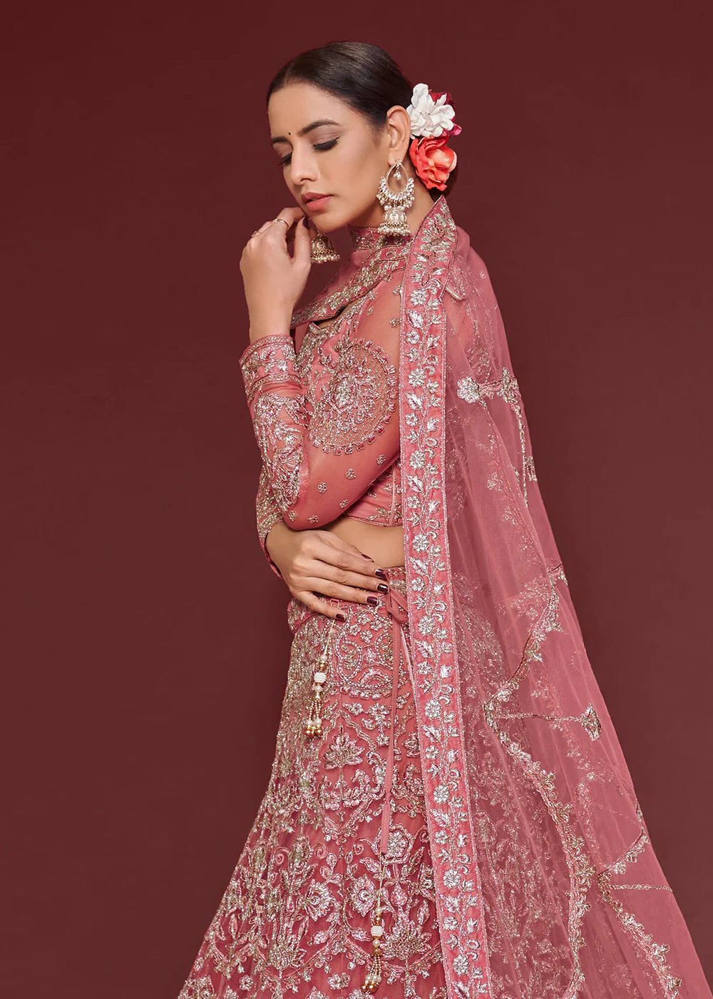 Fantacy Pink Embroidered Soft Net Wedding Lehenga Choli - Image 5
