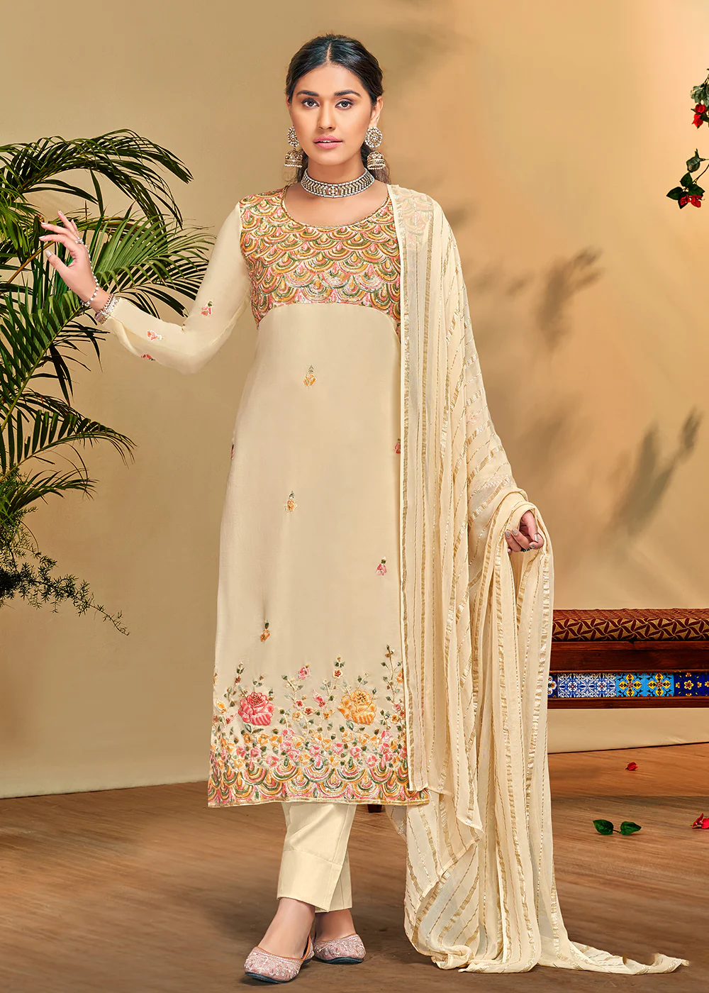 Fantastic Creamy Beige Georgette Embroidered Salwar Kurta Set