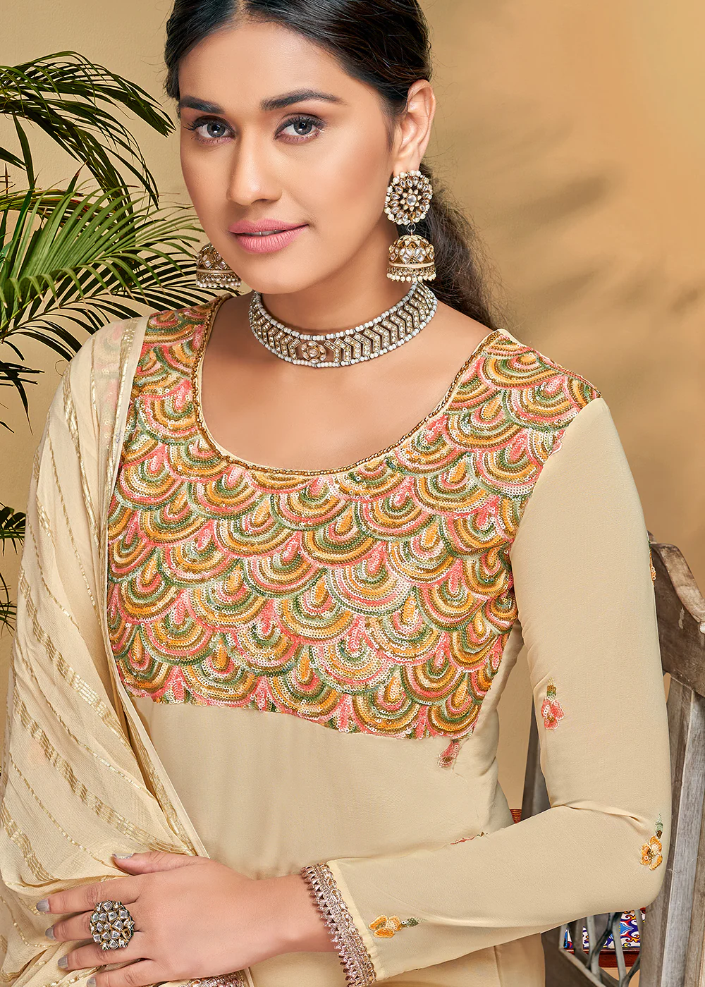 Fantastic Creamy Beige Georgette Embroidered Salwar Kurta Set - Image 2