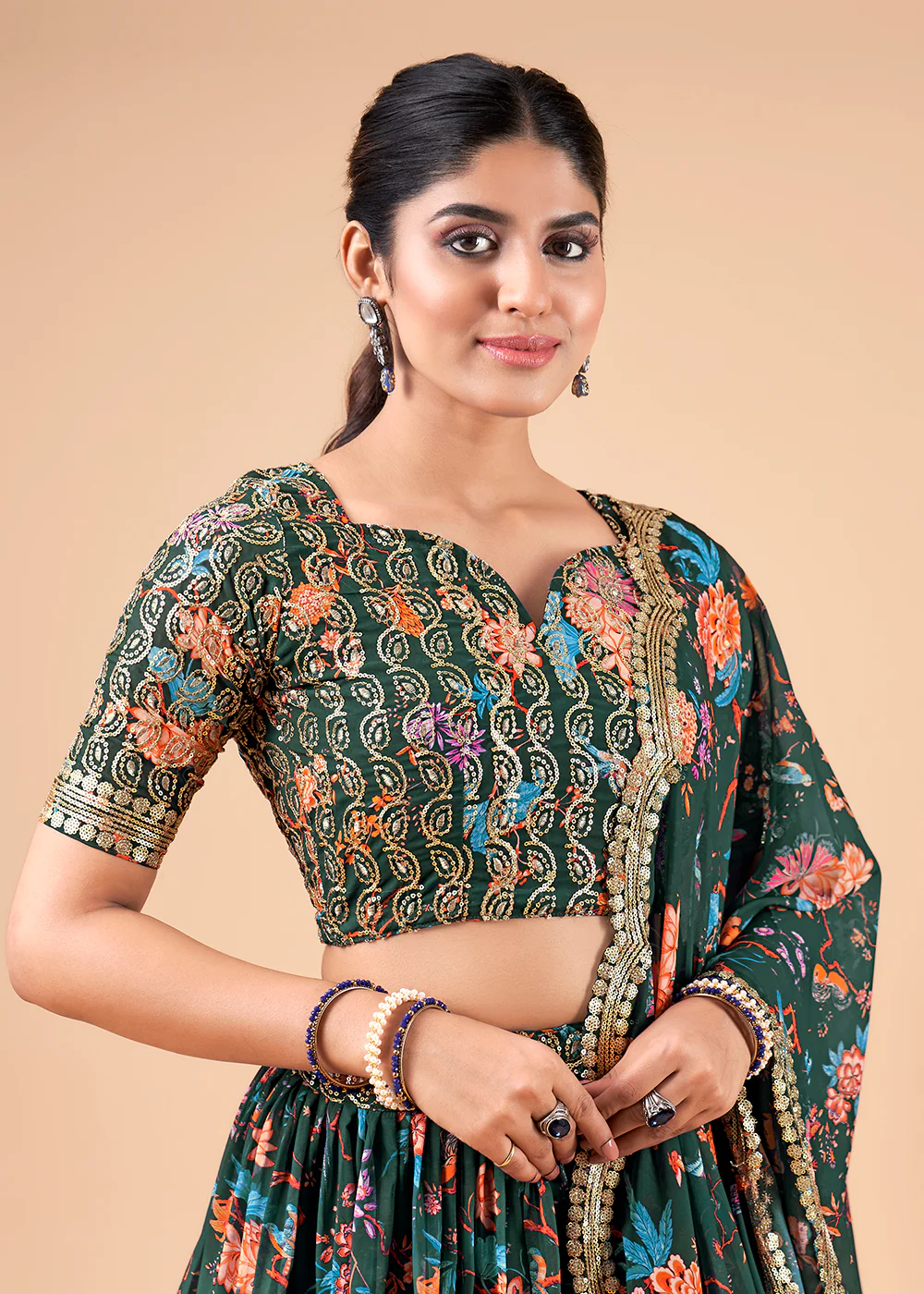 Fantastic Green Floral Printed Georgette Lehenga Choli - Image 2