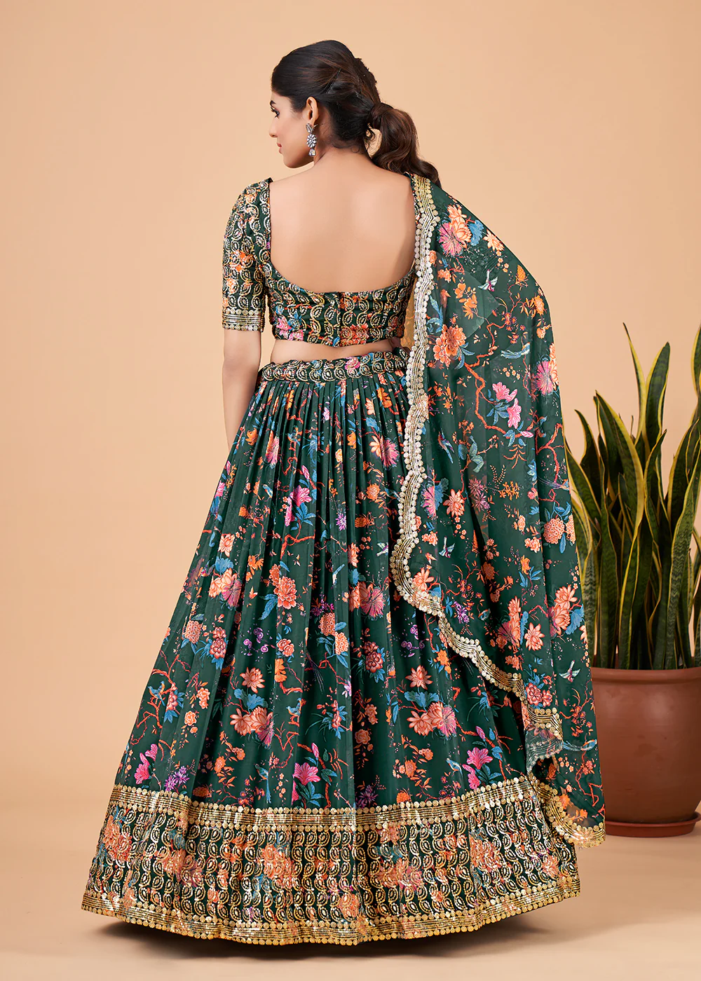 Fantastic Green Floral Printed Georgette Lehenga Choli - Image 4