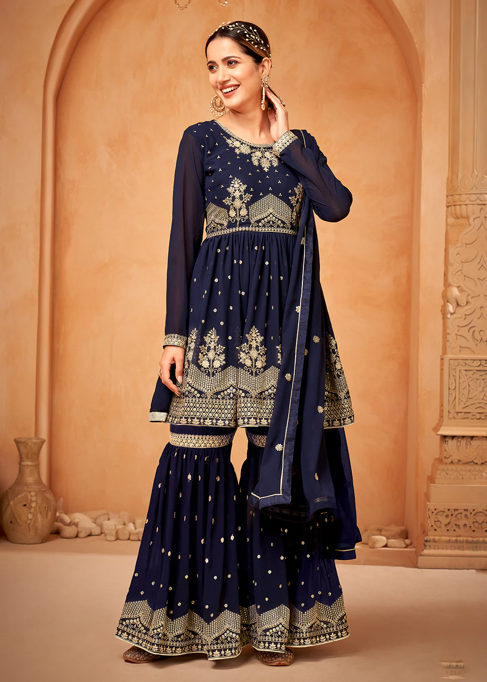 Fantastic Navy Blue Embroidered Wedding Festive Gharara Suit