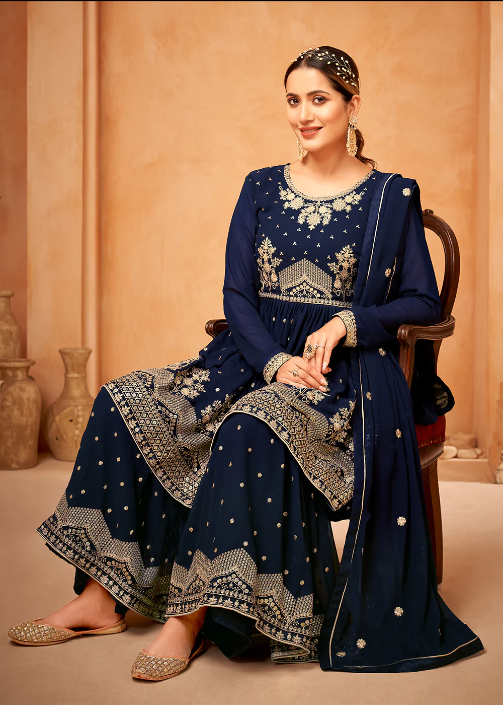 Fantastic Navy Blue Embroidered Wedding Festive Gharara Suit - Image 3