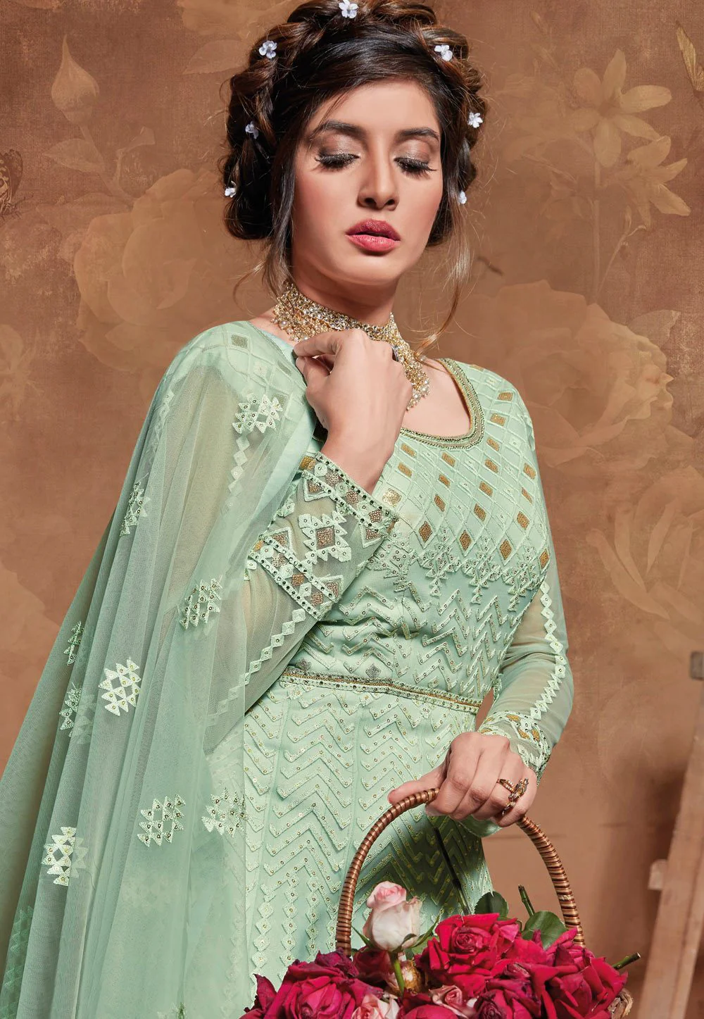 Fantastic Sea Green Net Embroidered Floor Length Anarkali Suit - Image 2