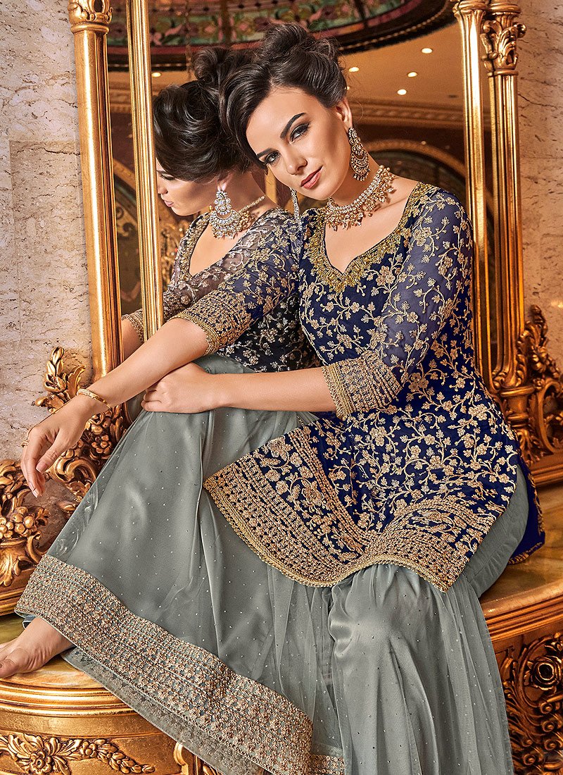 Fascinating Blue Floral Embroidered Straight Cut Sharara Suit - Image 3