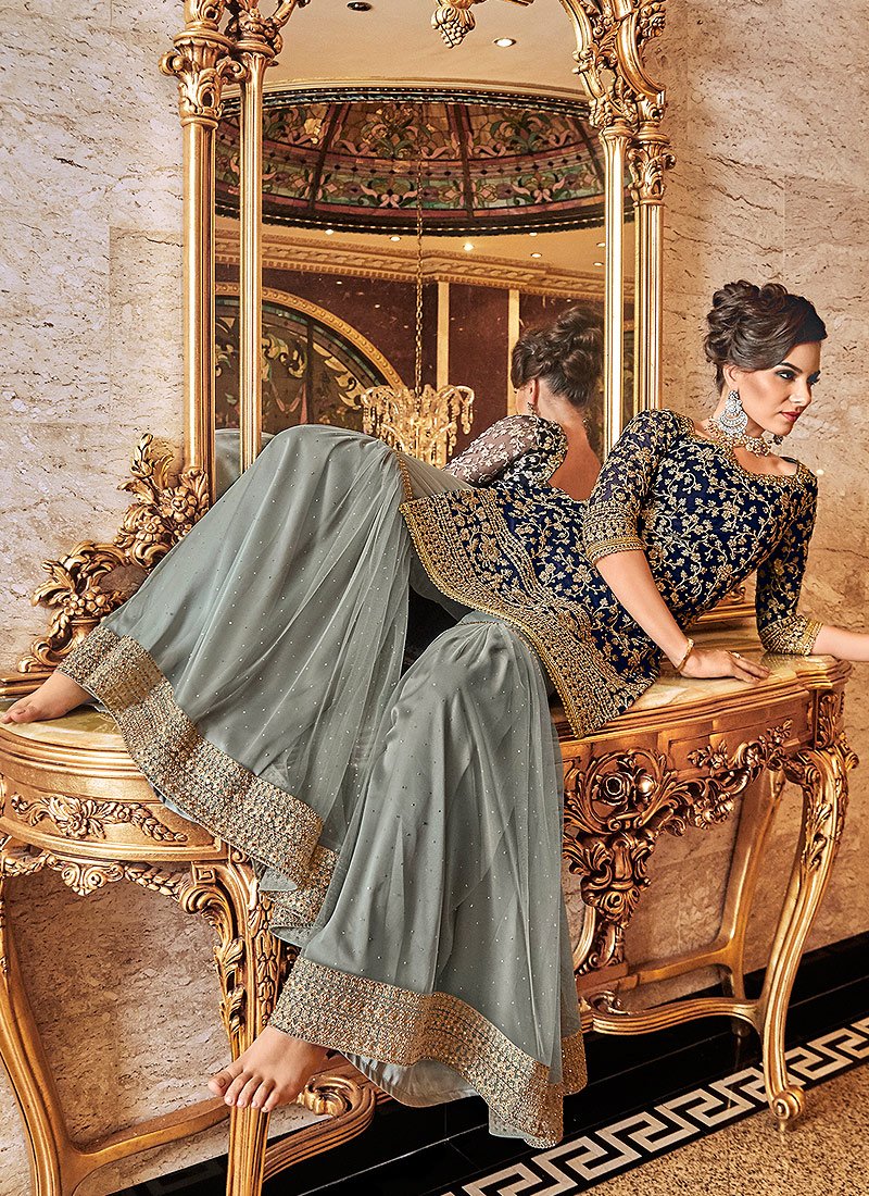 Fascinating Blue Floral Embroidered Straight Cut Sharara Suit - Image 4