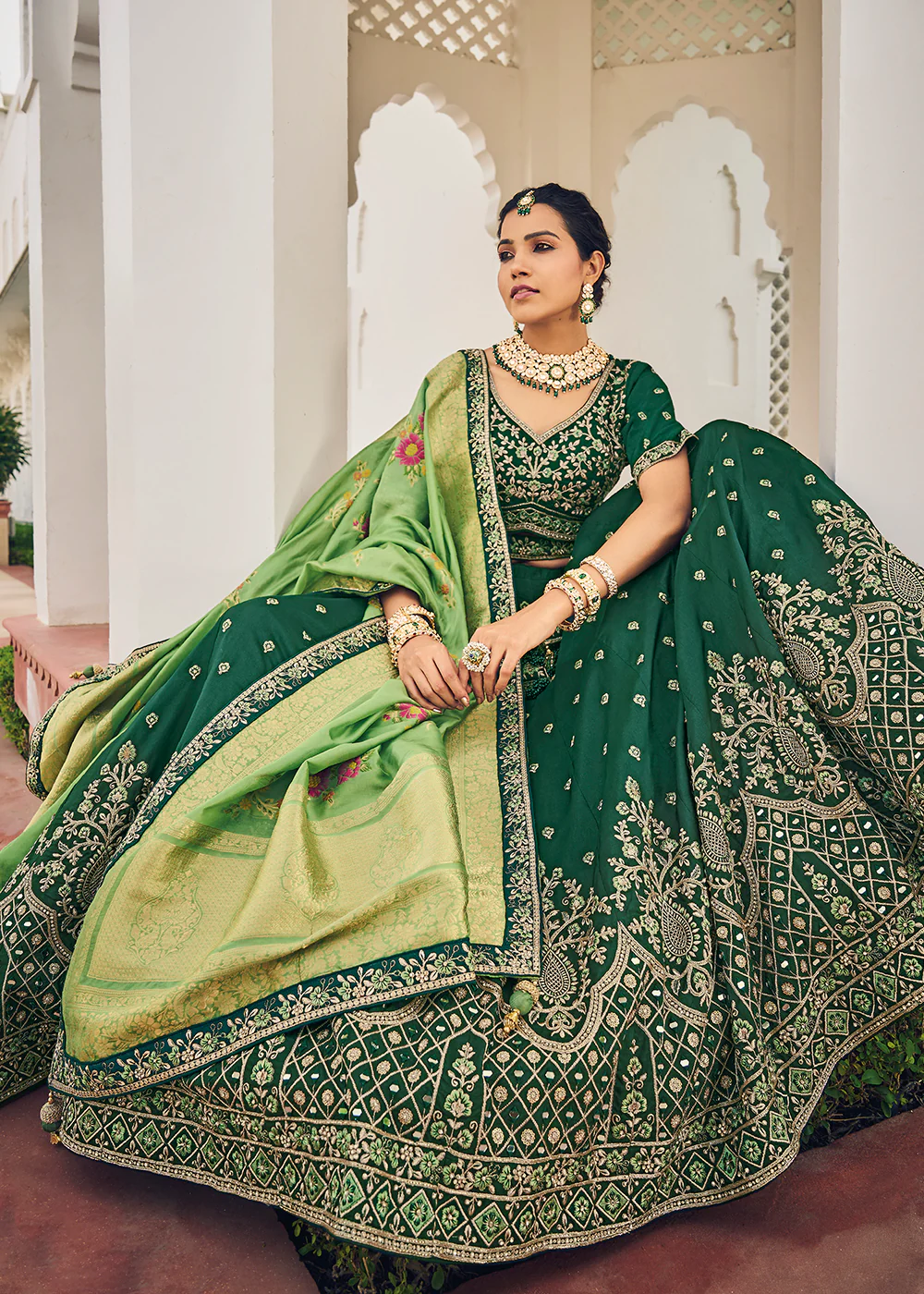 Fascinating Green Viscose Silk Traditional Bridal Lehenga Choli - Image 3