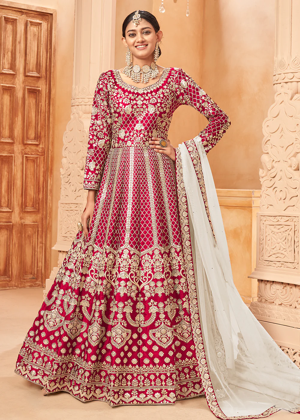 Fascinating Hot Pink & Gold Embroidered Silk Anarkali Suit - Image 3