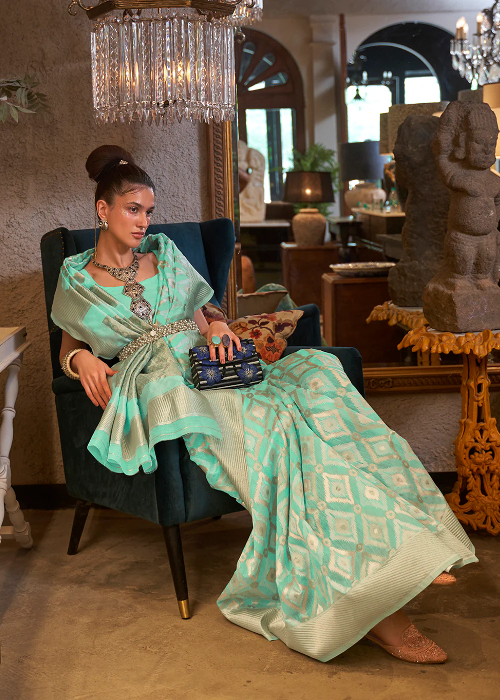 Fascinating Mint Green Zari Weaving Linen Designer Saree - Image 2