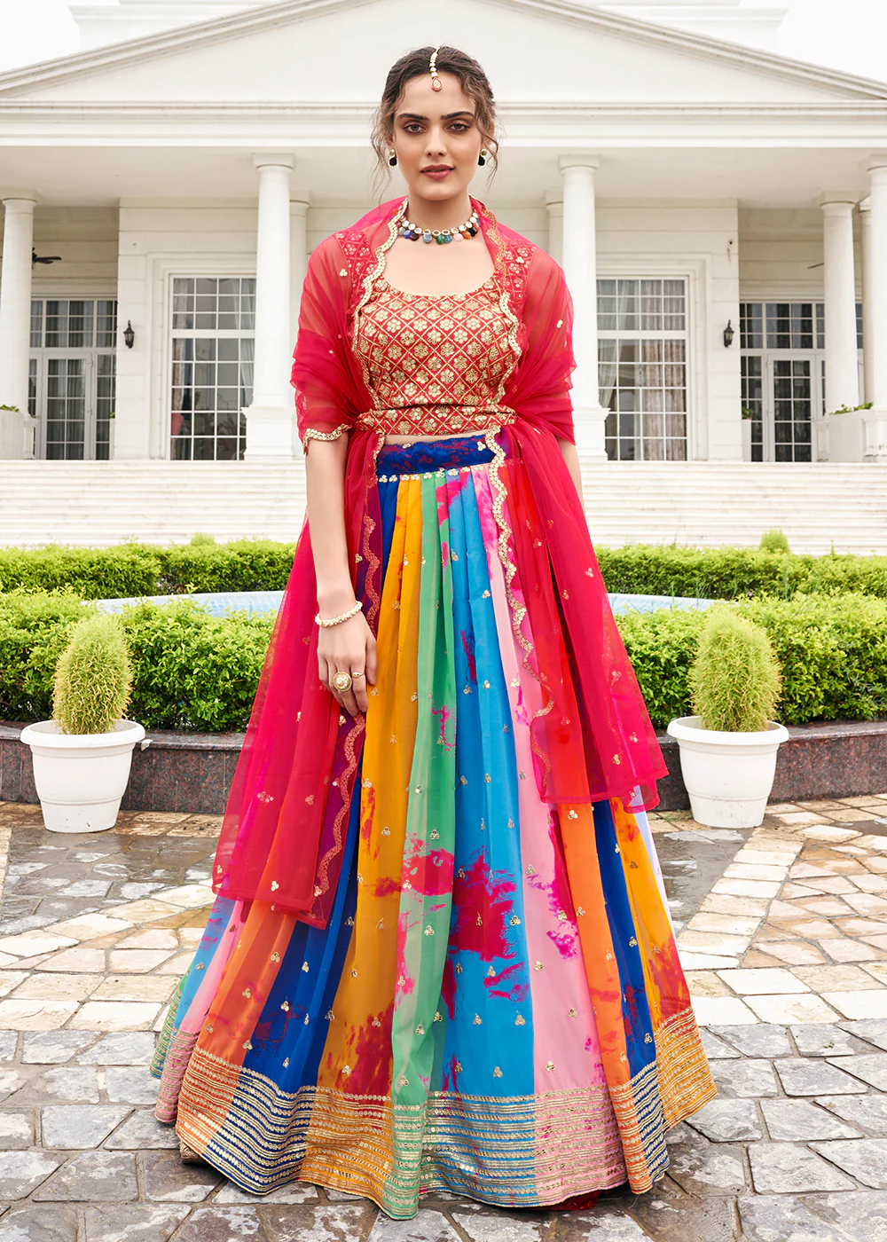 Fascinating Multicolor Shibori Printed Wedding Lehenga Choli