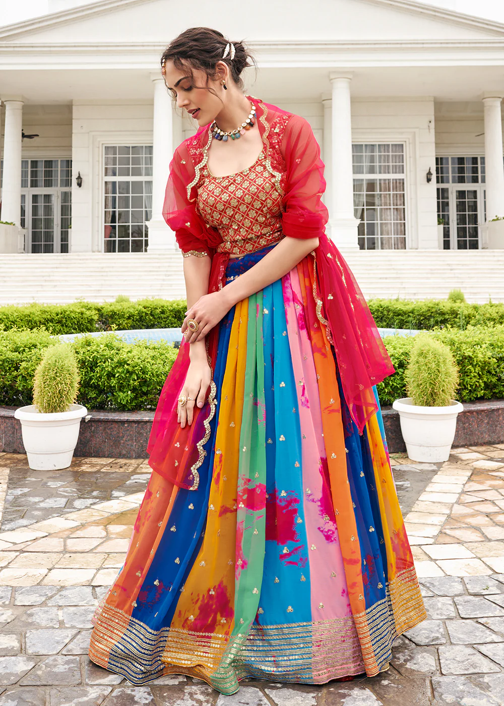 Fascinating Multicolor Shibori Printed Wedding Lehenga Choli - Image 3