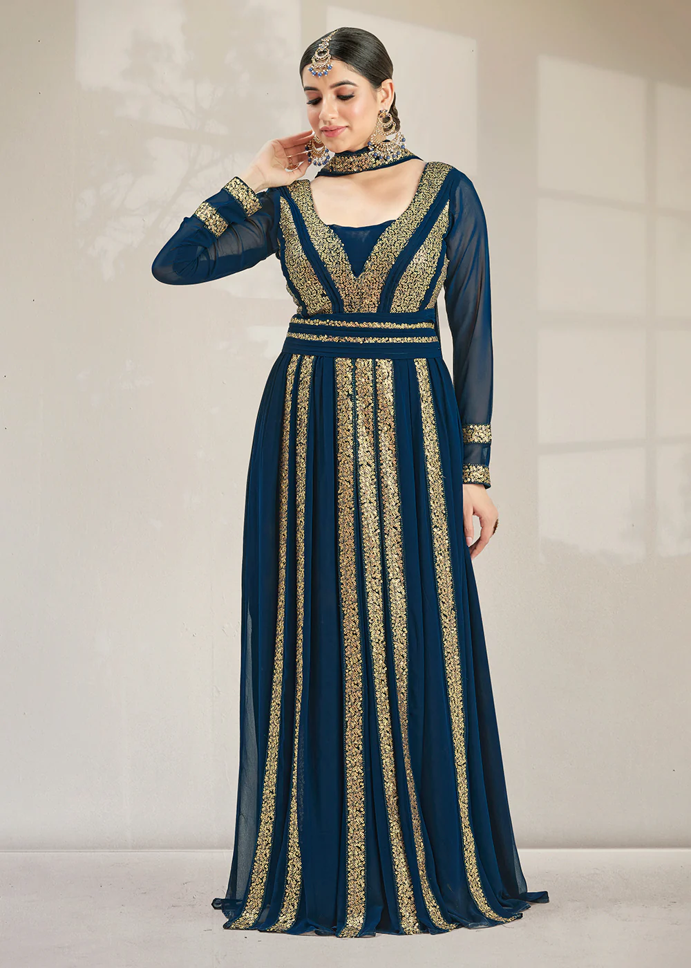 Fascinating Party Style Blue Gathered Style Anarkali Suit - Image 4