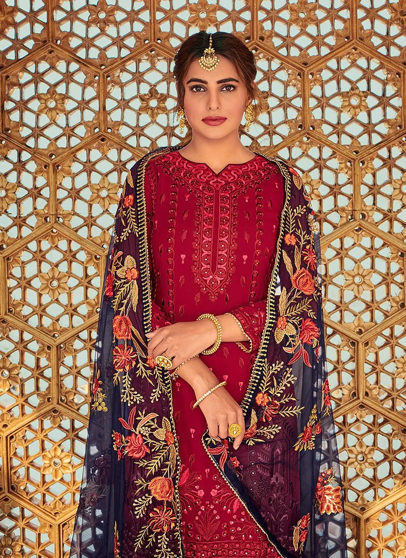 Fascinating Red Embroidered Georgette Palazzo Suit - Image 2