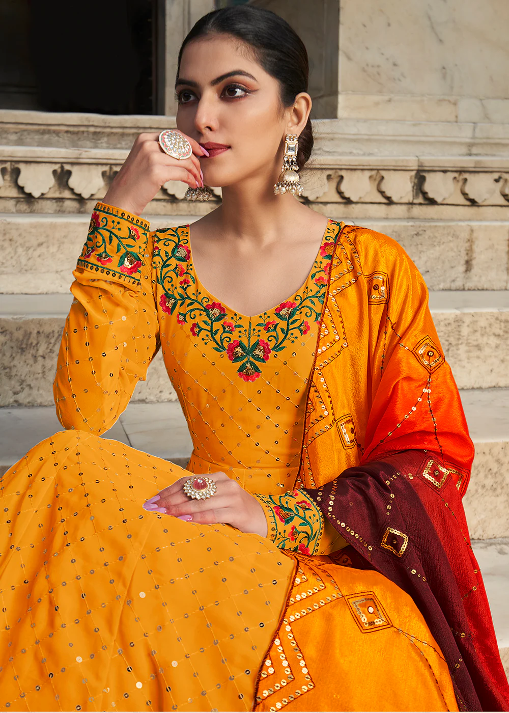 Fascinating Yellow Sequins Georgette Party Wear Festive Gown - Image 2