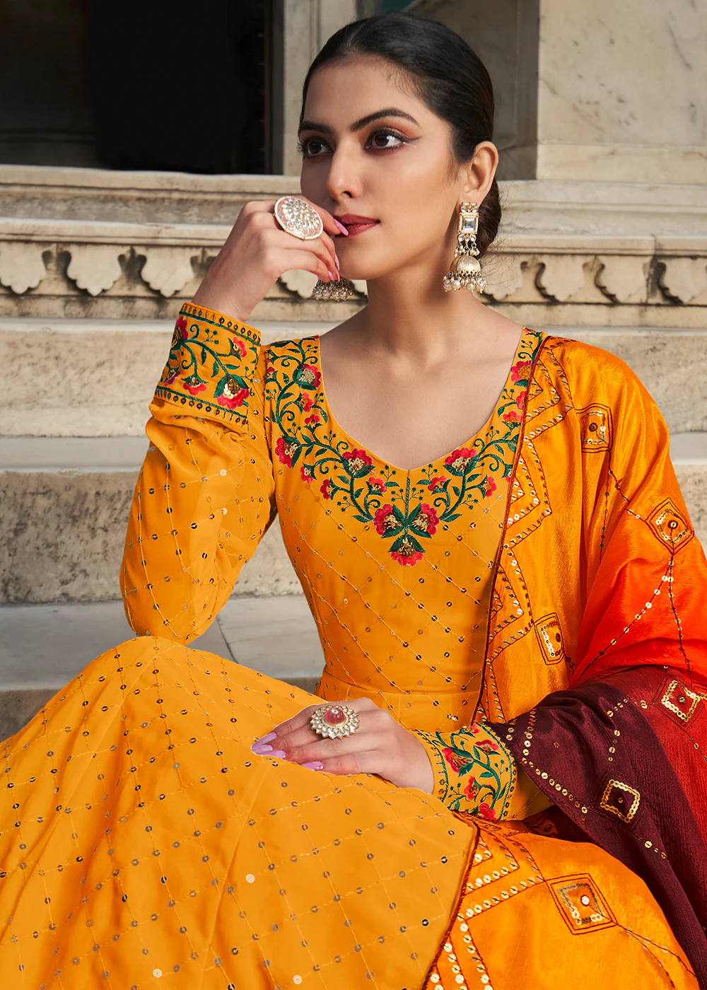 Fascinating Yellow Sequins Georgette Party Wear Festive Gown - Image 3