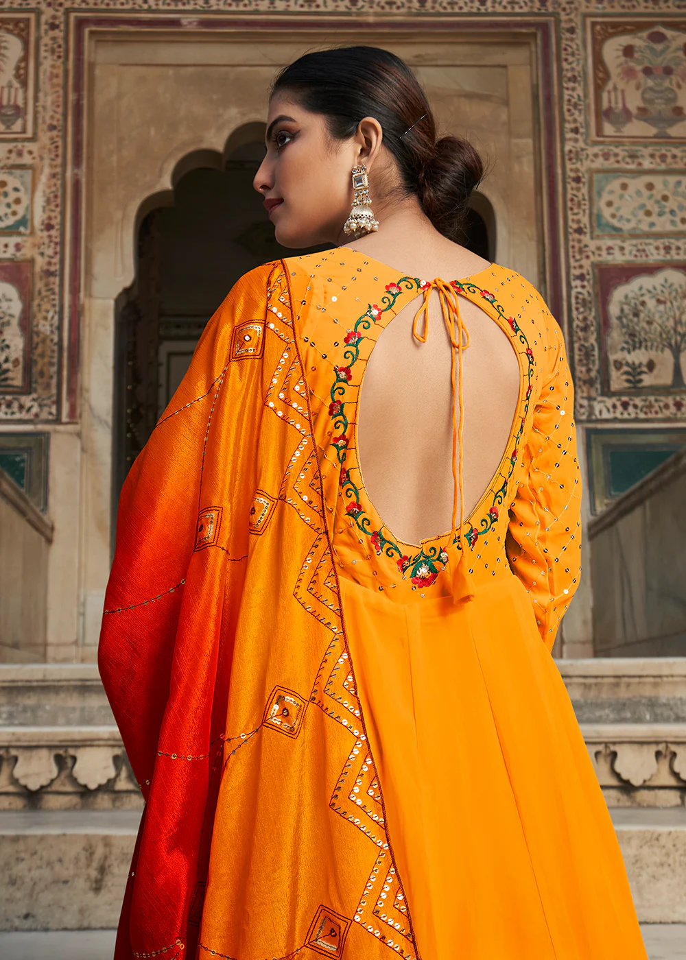 Fascinating Yellow Sequins Georgette Party Wear Festive Gown - Image 5