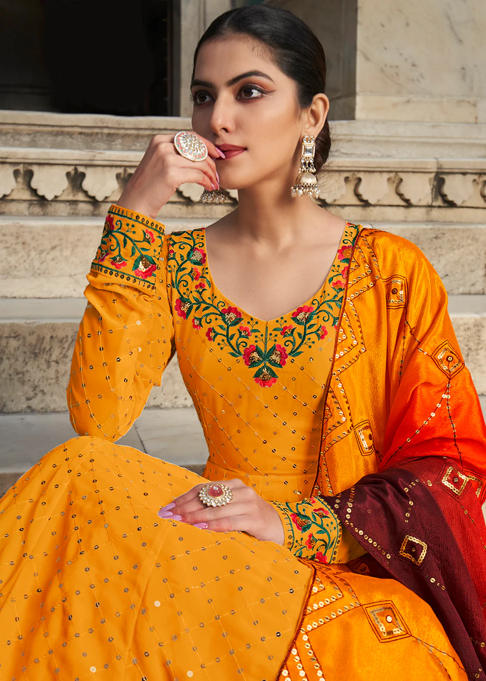 Fascinating Yellow Sequins Georgette Party Wear Festive Gown - Image 6