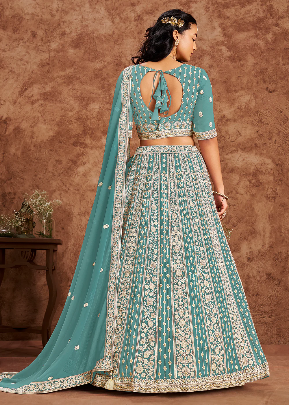 Faux Georgette Blue Color Embroidered Lehenga Choli - Image 3