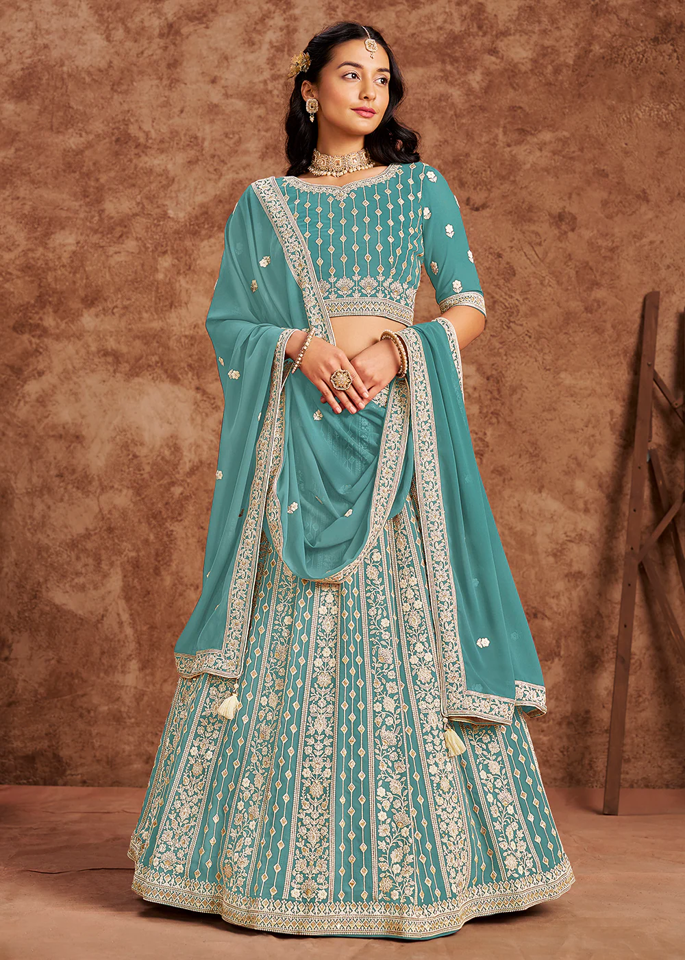 Faux Georgette Blue Color Embroidered Lehenga Choli - Image 4