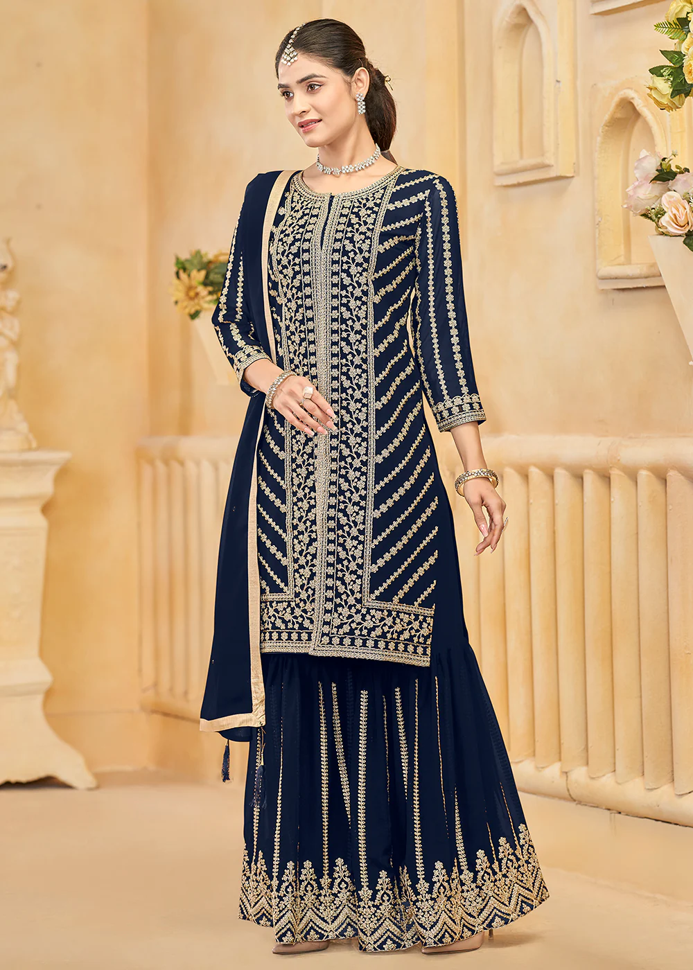 Faux Georgette Blue Embroidered Festive Sharara Suit