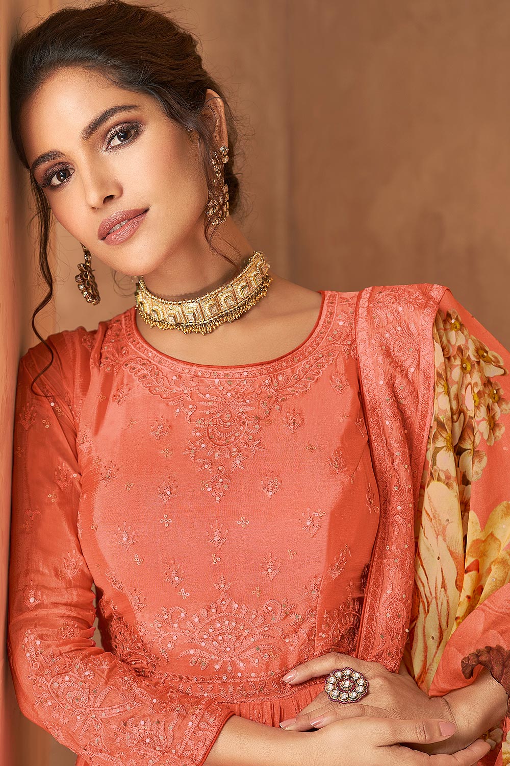Faux Georgette Coral Peach Designer Sharara Suit - Image 2