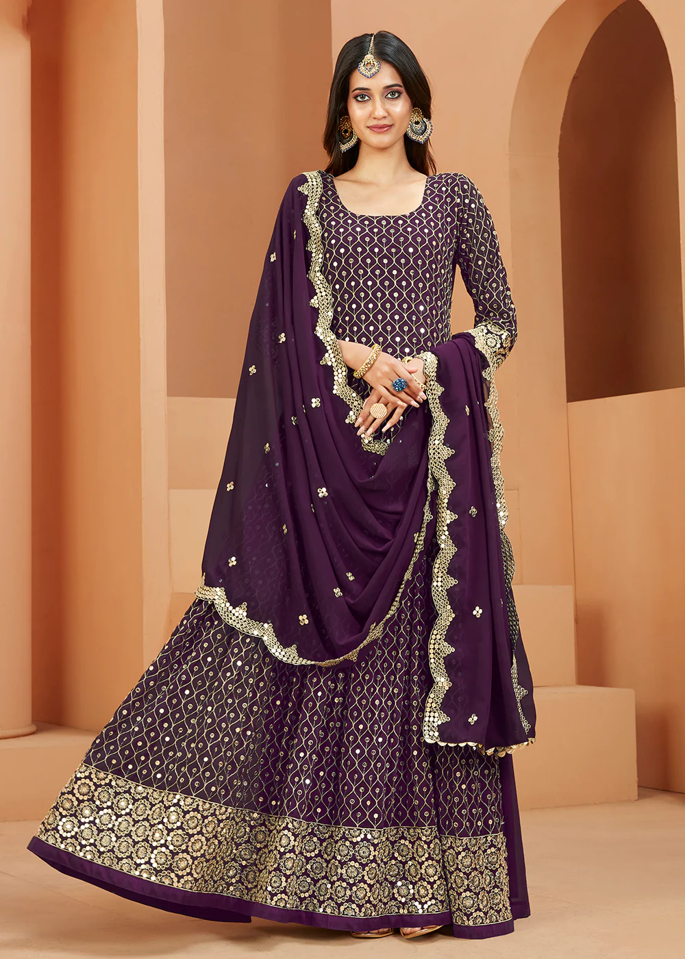 Faux Georgette Excellent Purple Sequins Anarkali Suit