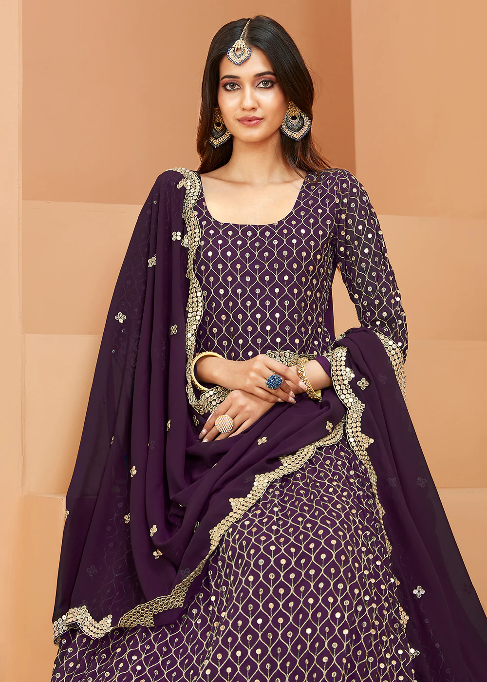 Faux Georgette Excellent Purple Sequins Anarkali Suit - Image 2