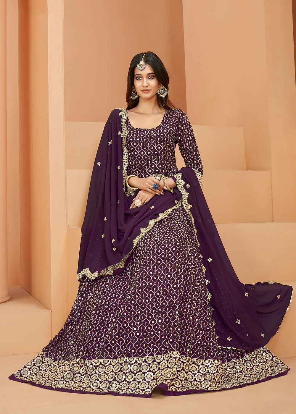 Faux Georgette Excellent Purple Sequins Anarkali Suit - Image 3