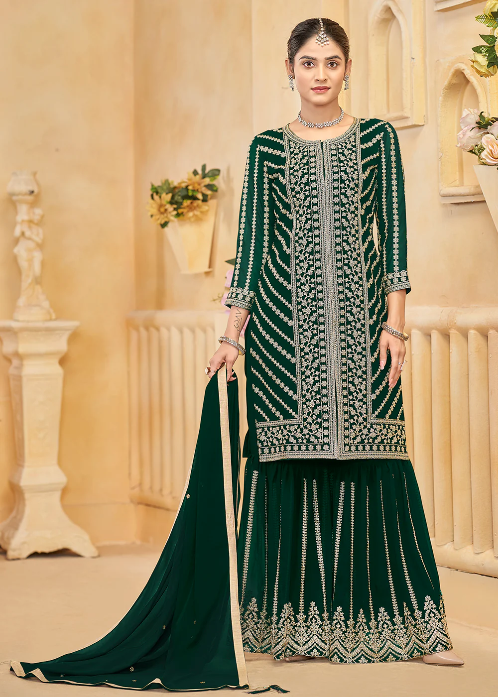 Faux Georgette Green Embroidered Festive Sharara Suit - Image 3