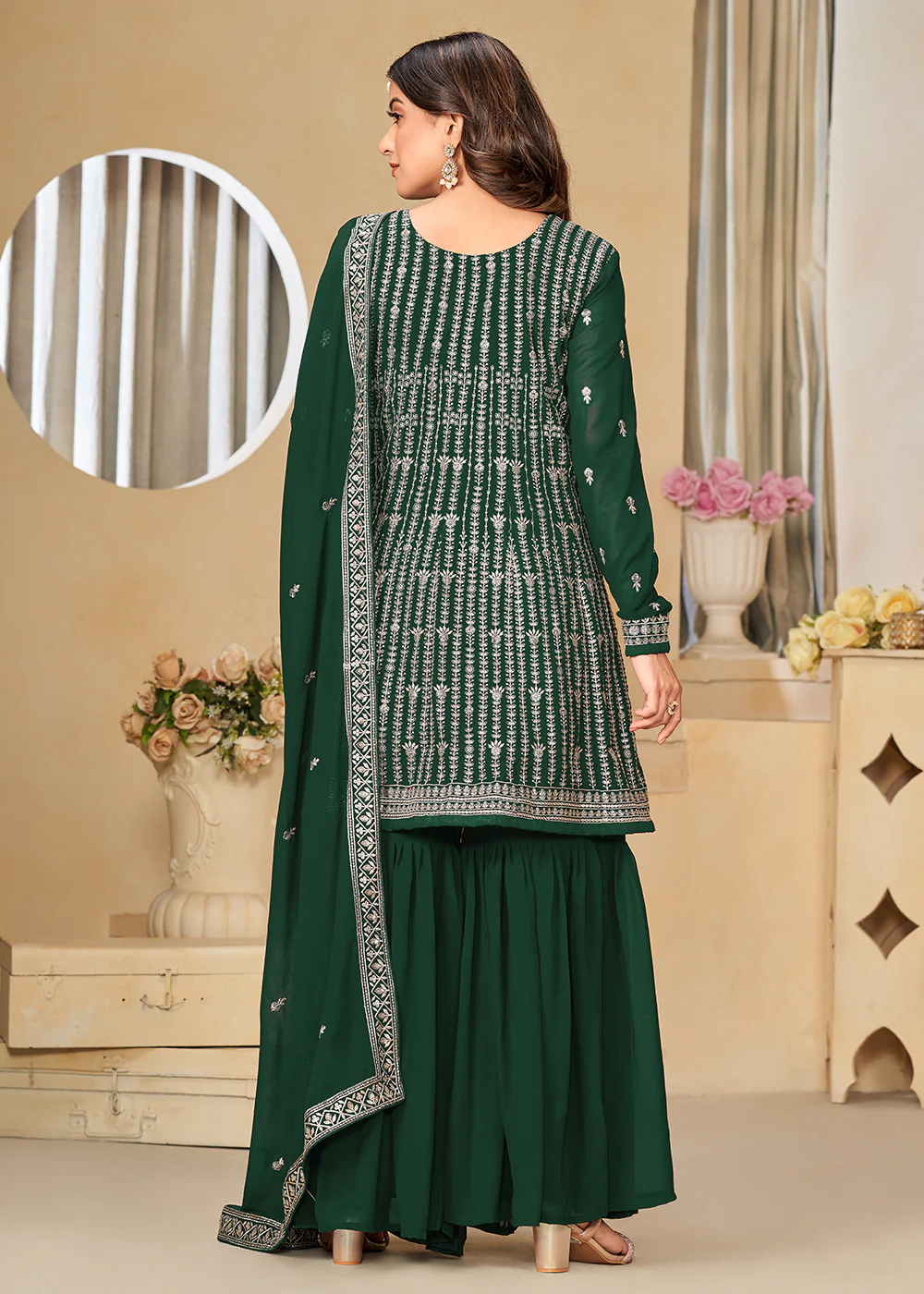 Faux Georgette Green Embroidered Gharara Style Suit - Image 3