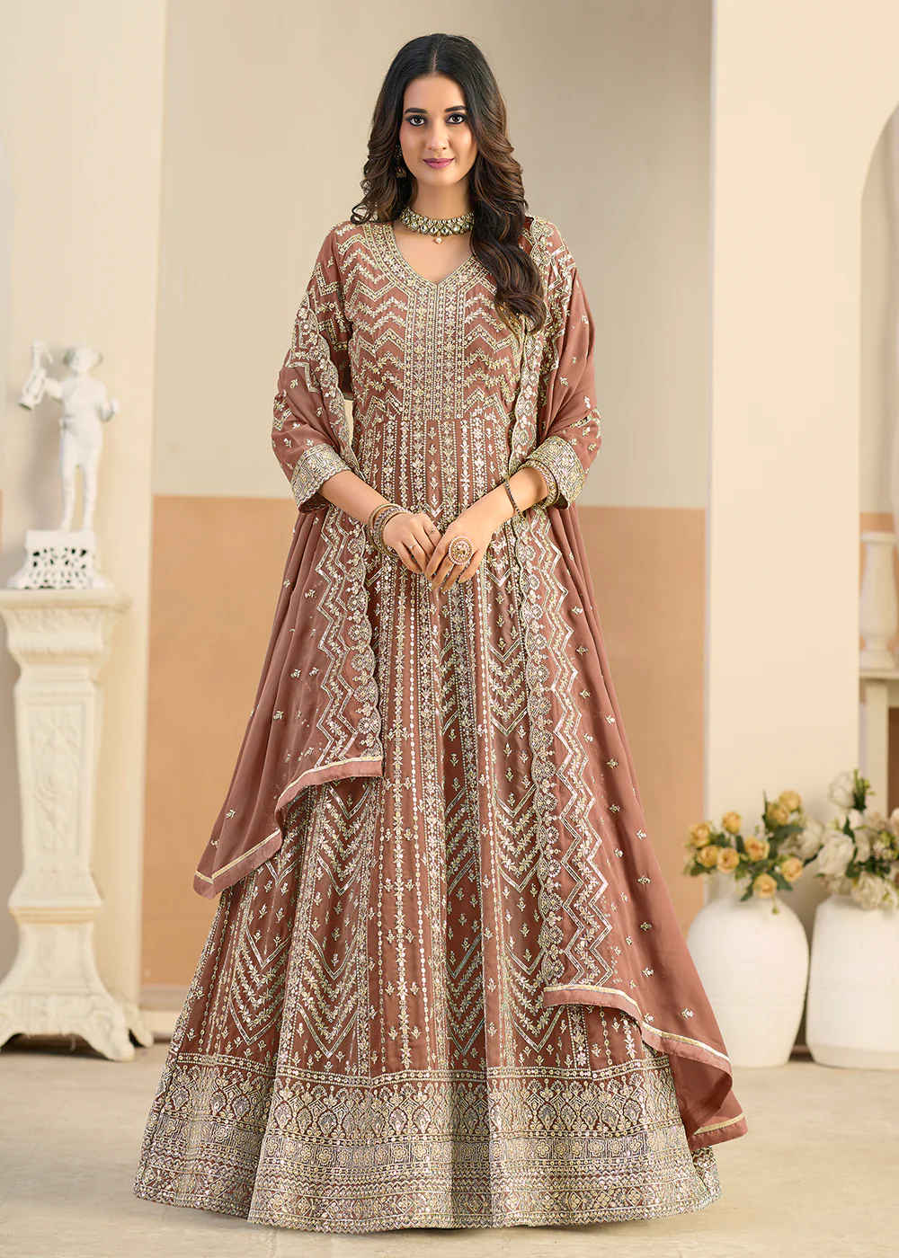 Faux Georgette Pastel Brown Wedding Anarkali Suit