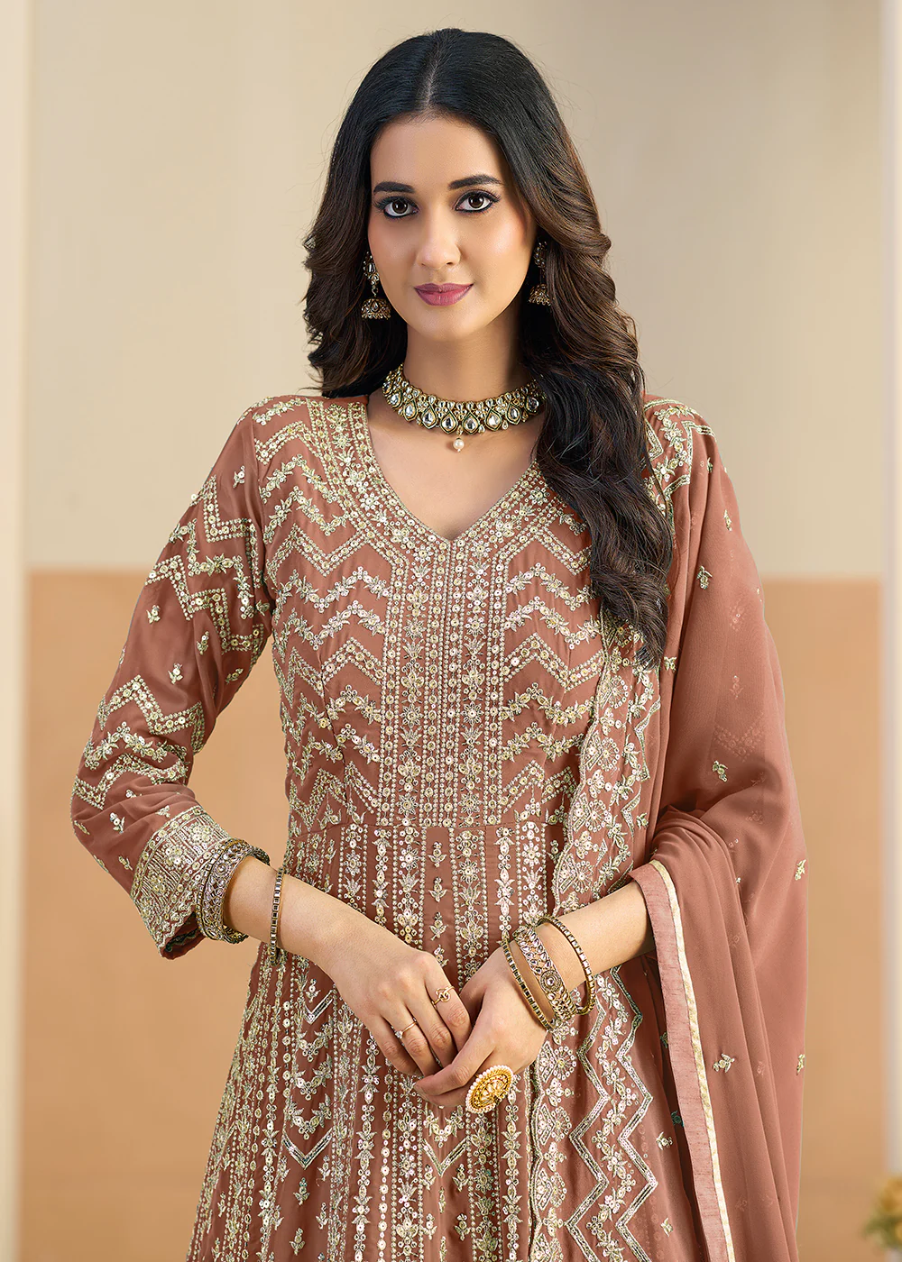 Faux Georgette Pastel Brown Wedding Anarkali Suit - Image 2