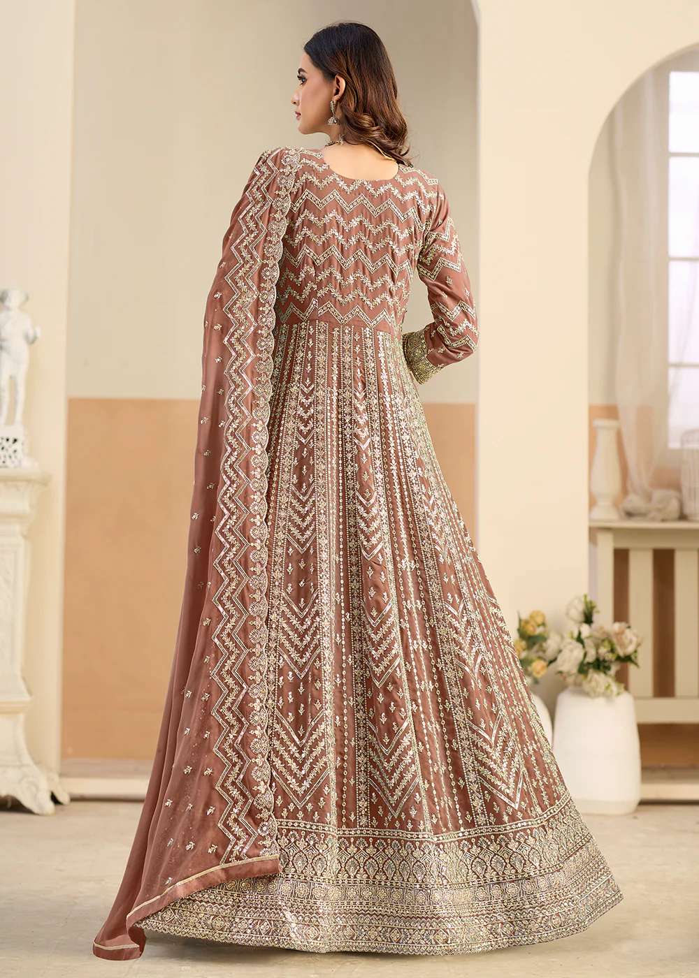 Faux Georgette Pastel Brown Wedding Anarkali Suit - Image 3