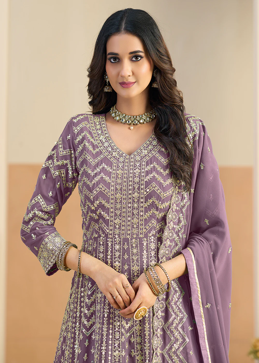 Faux Georgette Pastel Lavender Wedding Anarkali Suit - Image 2
