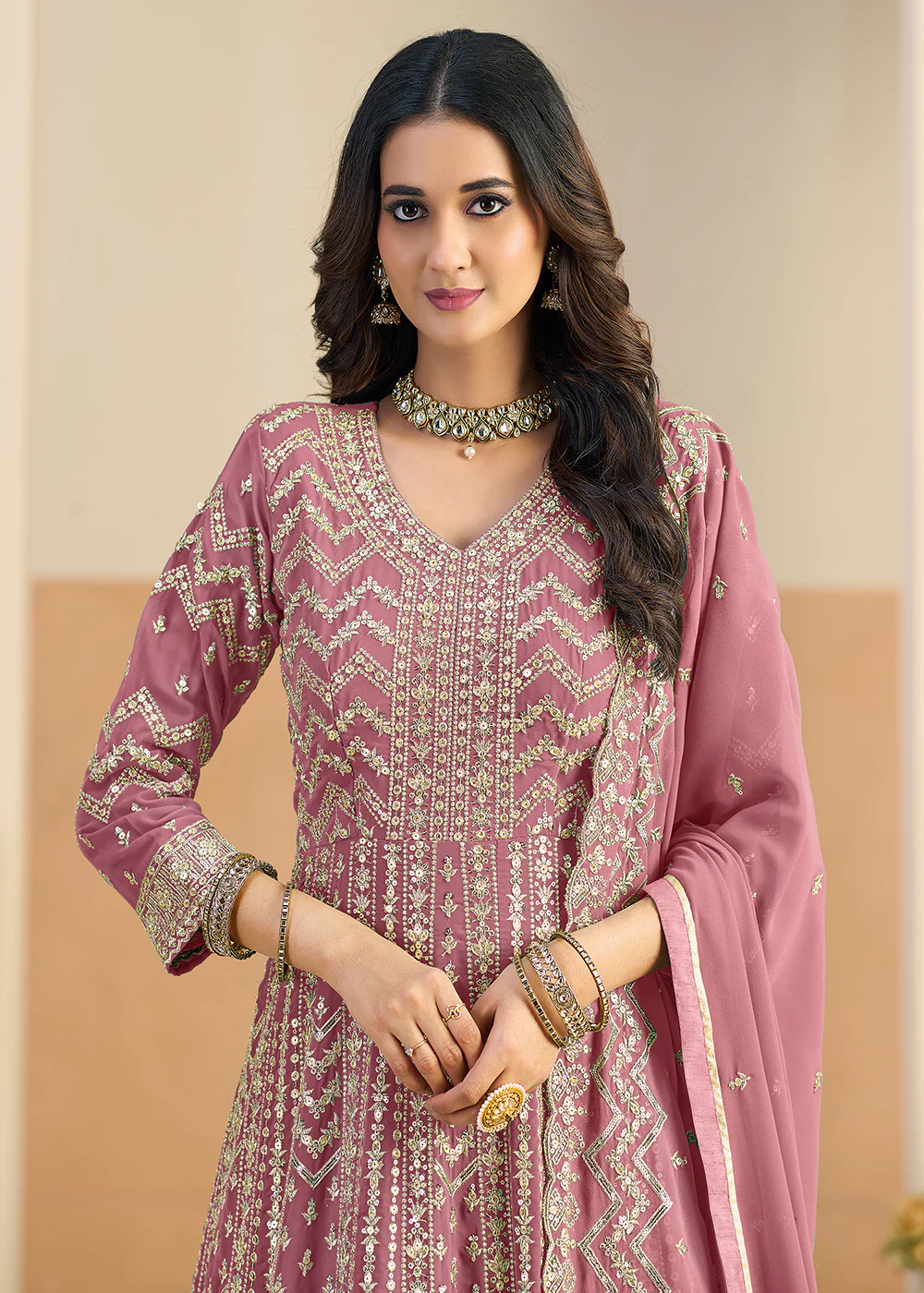 Faux Georgette Pastel Pink Wedding Anarkali Suit - Image 2