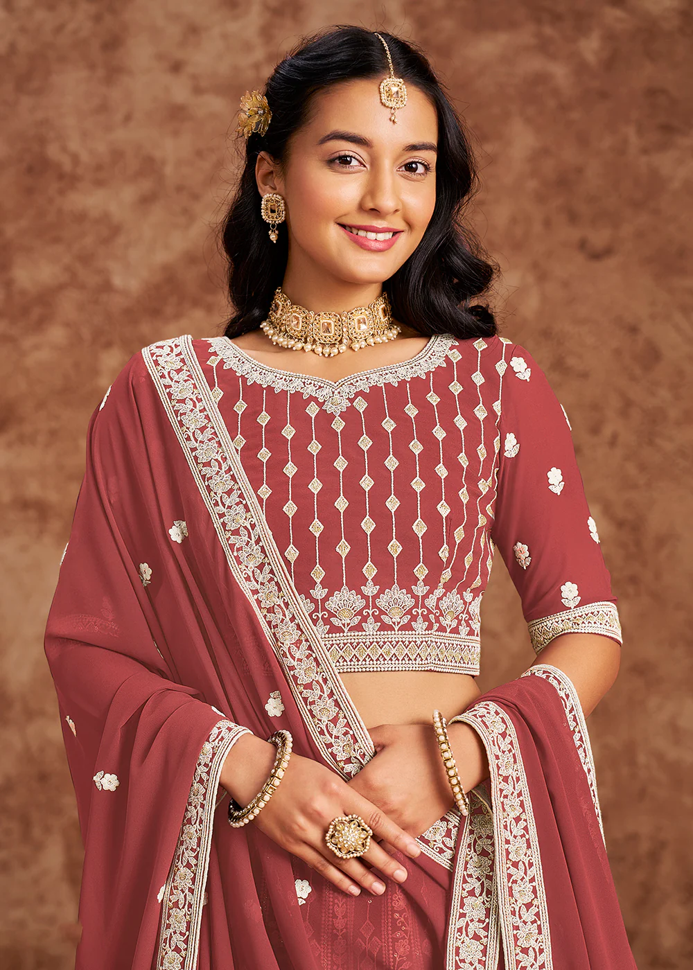 Faux Georgette Peach Color Embroidered Lehenga Choli - Image 2
