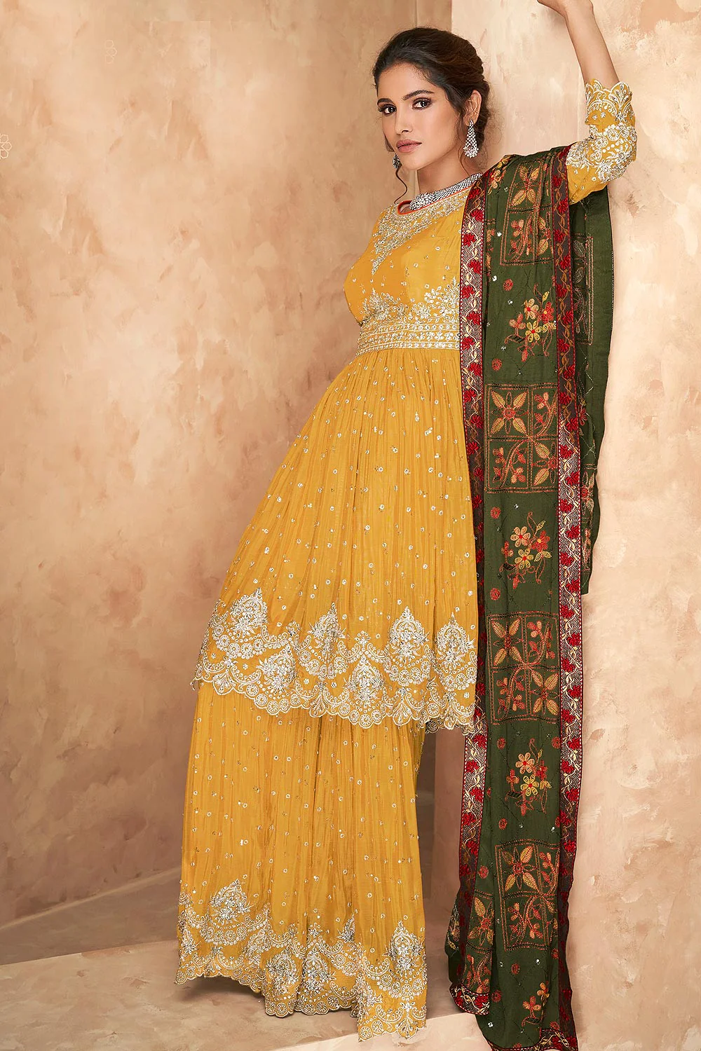Faux Georgette Pretty Yellow Designer Sharara Suit - Image 3