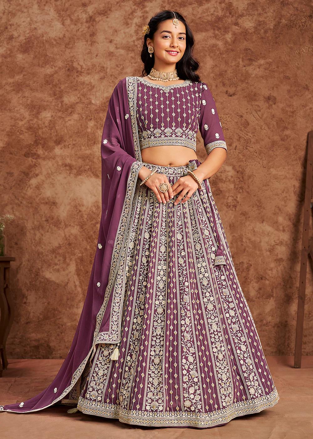 Faux Georgette Purple Color Embroidered Lehenga Choli