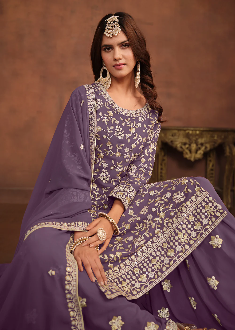 Faux Georgette Purple Embroidered Festive Salwar Suit - Image 3