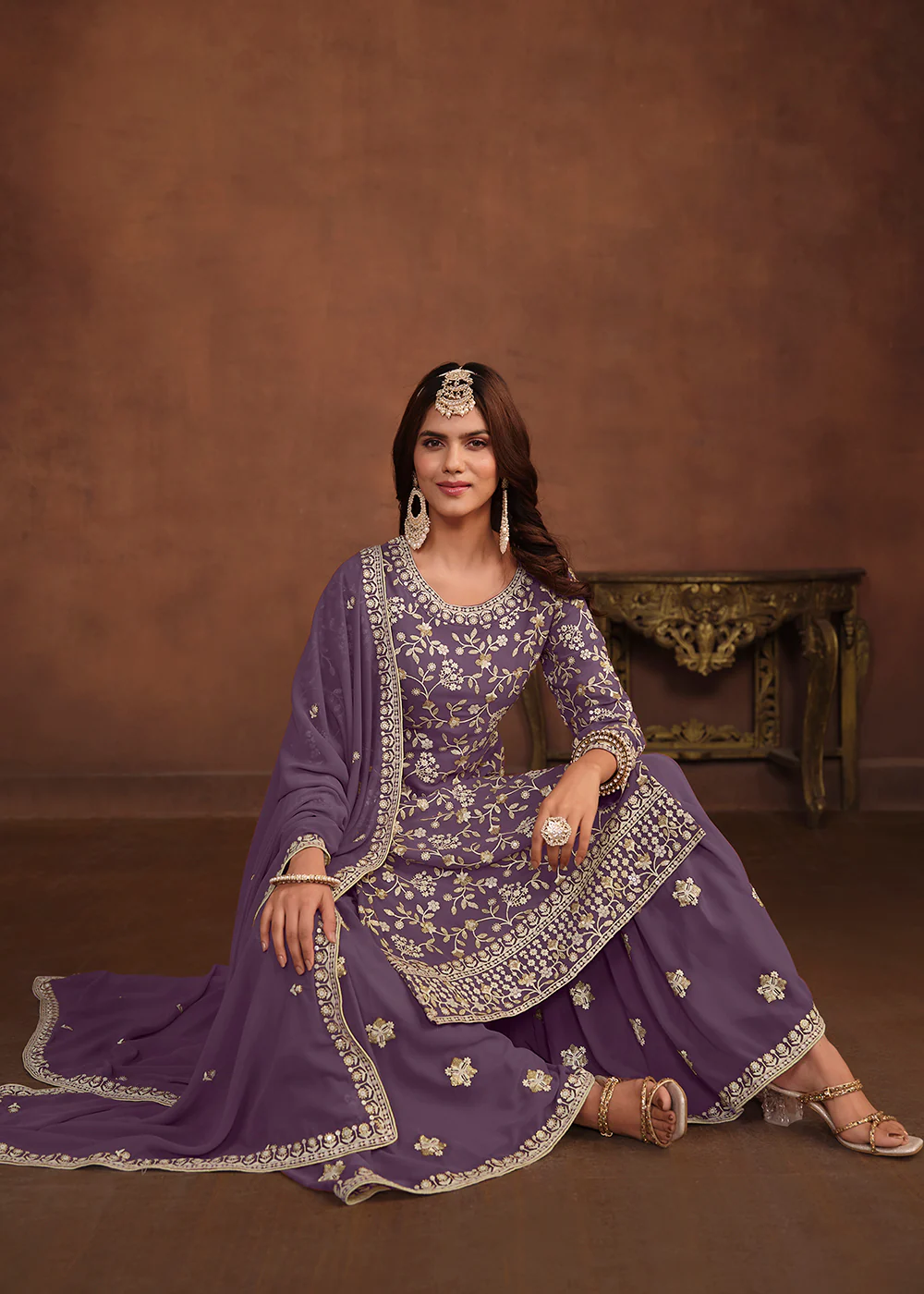 Faux Georgette Purple Embroidered Festive Salwar Suit - Image 4