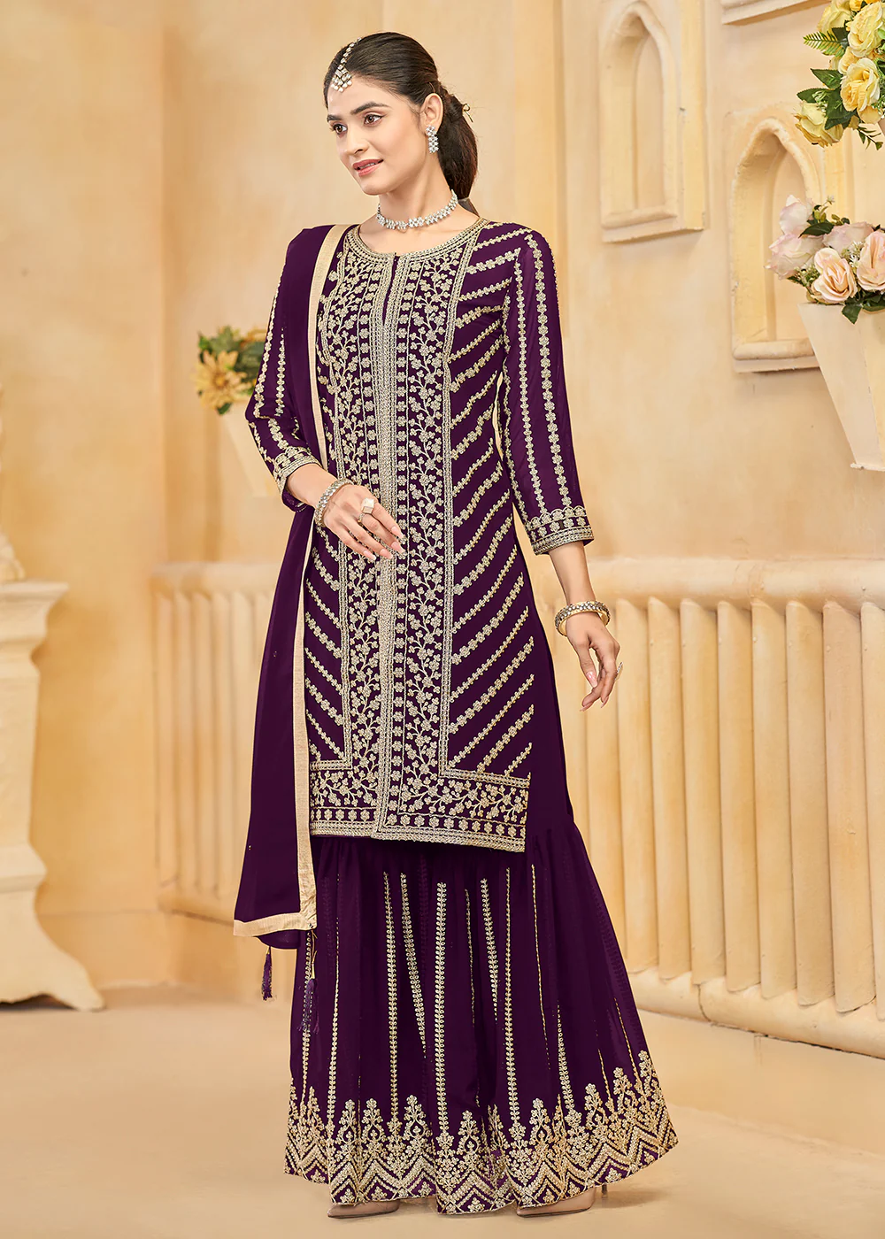 Faux Georgette Purple Embroidered Festive Sharara Suit